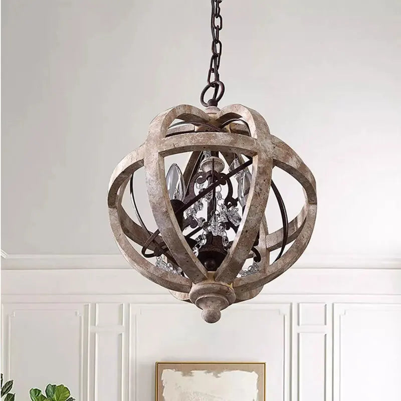 lustre en bois style campagne américaine avec détails en cristal