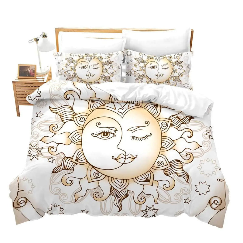 housse de couette bohème soleil lune motif floral noir blanc
