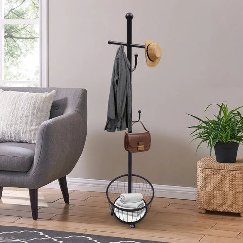 Standing Coat and Hat Hanger Organizer Rack with Mobile Wheel, Entryway Coat Hanger Stand with Storage Basket, Chic Home Tools - vue 3 sur 8
