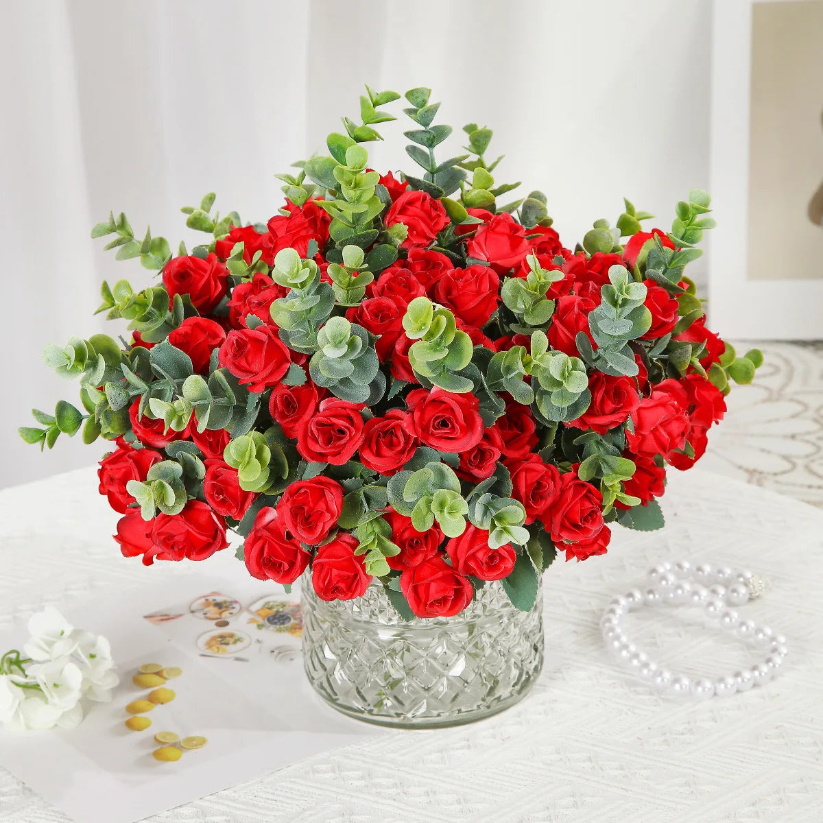 lot de 10 roses artificielles bouquet avec eucalyptus et pivoines décoratif - vue 3 sur 10
