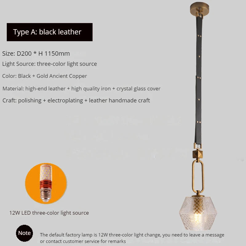 lustre moderne en cuir avec suspension lumière et verre cristal - vue 6 sur 14