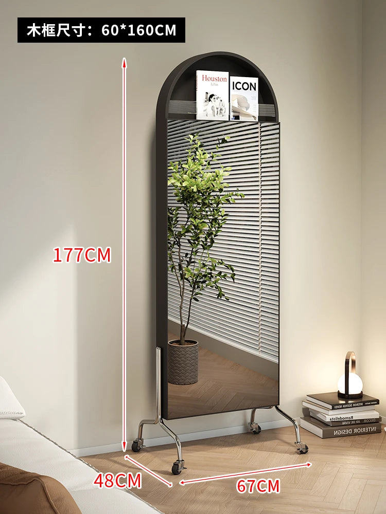 Adjustable solid wood full body mirror, magazine bookshelf mirror, floor standing retro with wheel fitting mirror