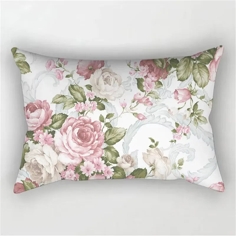 housse de coussin rectangulaire décorative fleurs rouges et roses arc-en-ciel
