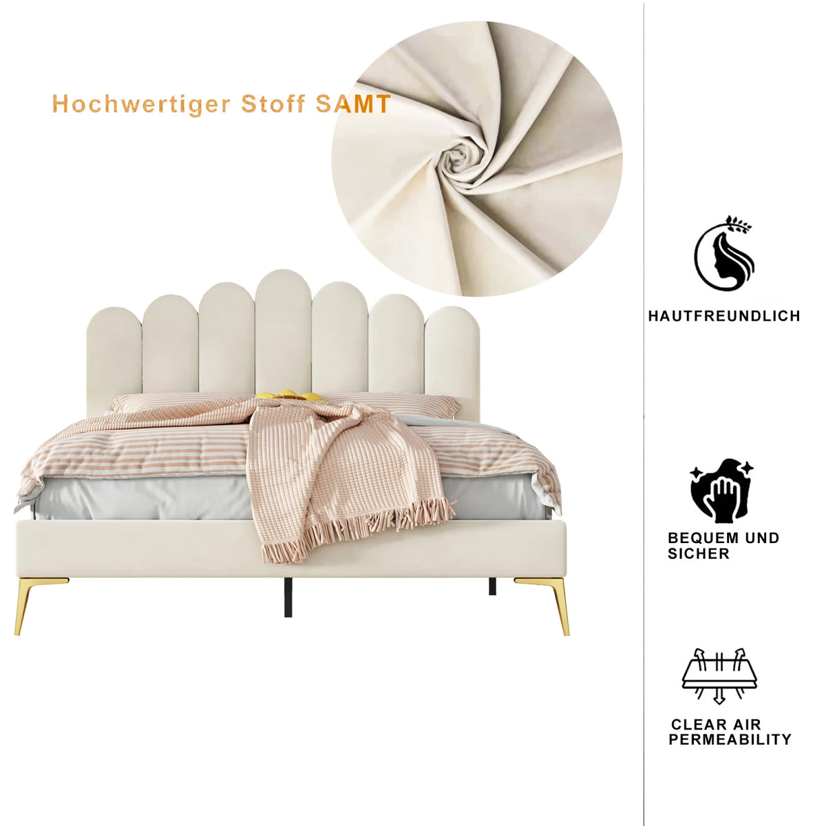 Upholstered Bed 140x200 cm, Bed Frame With Headboard And Slatted Frame, Adult-Youth In Skin-Friendly Velvet Fabric
