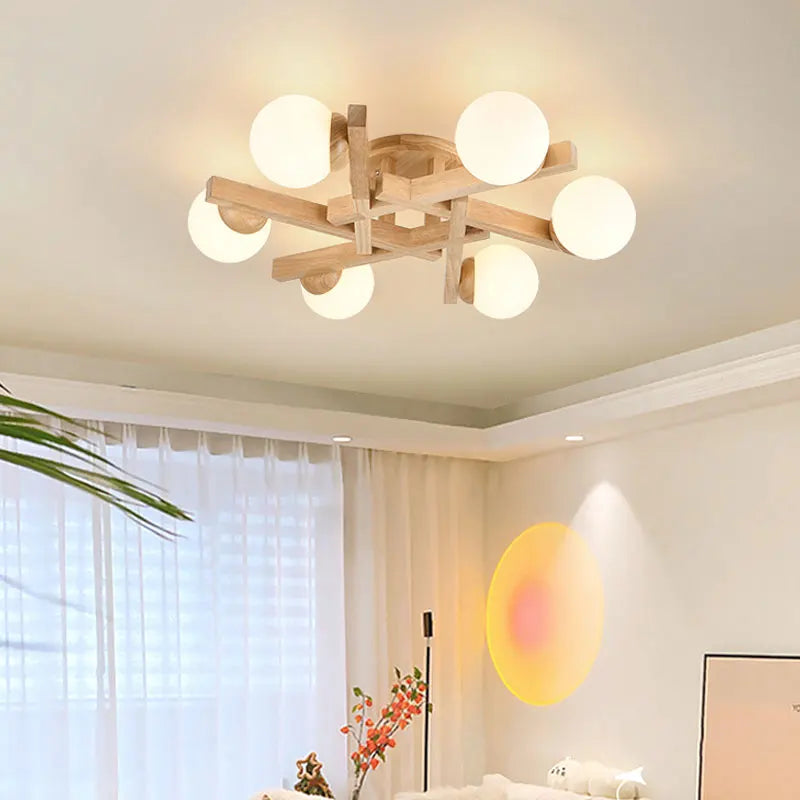 plafonnier en bois et verre laiteux design nordique pour décoration intérieure - vue 4 sur 13