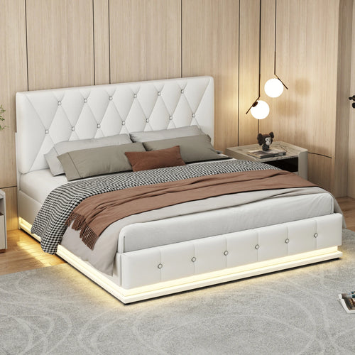 Upholstered Bed 140 x 200 cm with LED Lighting, Double Bed with Slatted Frame and Storage Space,No Mattresses - vue 4 sur 7
