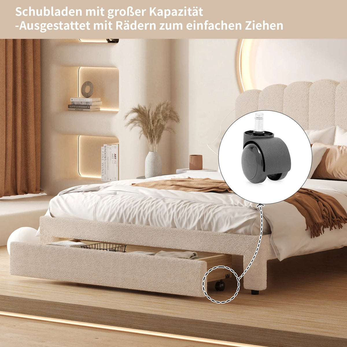 Bubble Bed, Double Bed, Teddy Velvet Fabric, with USB & LED, Drawer Bed,  with Storage Space, Beige, 140x200 cm - vue 3 sur 6