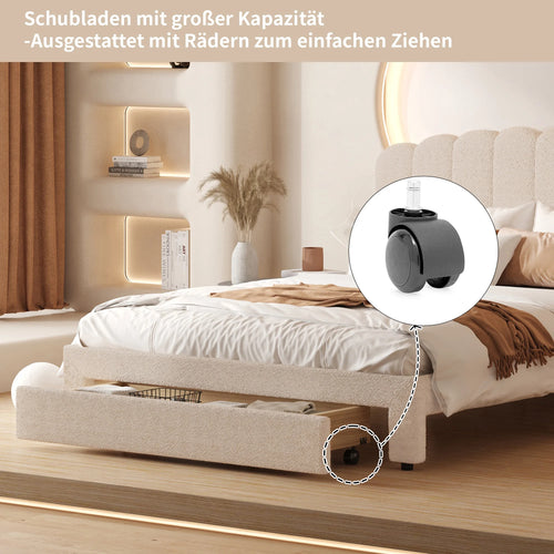 Bubble Bed, Double Bed, Teddy Velvet Fabric, with USB & LED, Drawer Bed,  with Storage Space, Beige, 140x200 cm - vue 4 sur 6