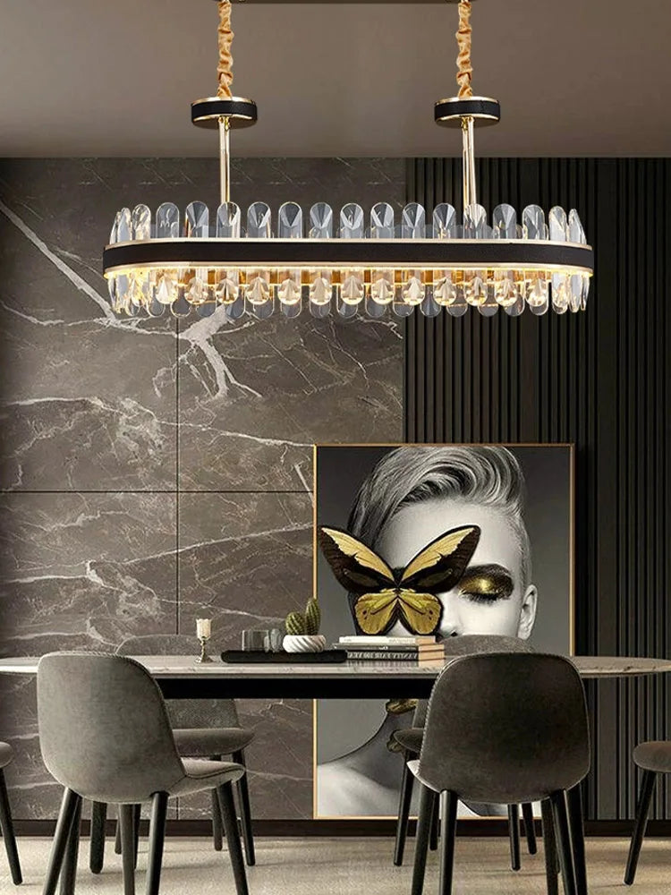 lustre en cuir led cristal luxueux rond suspendu moderne - vue 6 sur 24