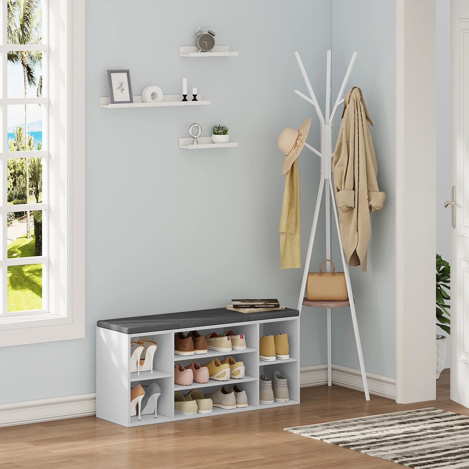 banc de rangement à chaussures avec coussin et compartiments pratiques - vue 7 sur 6