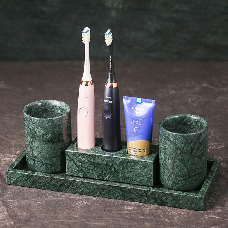 ensemble d'accessoires en marbre pour salle de bain organisé - vue 4 sur 21