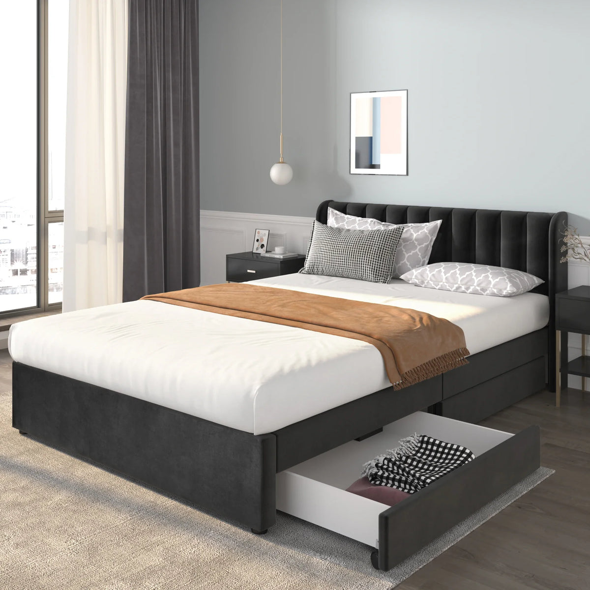 VSOGA Upholstered Bed 180 X 200 Cm Velvet With Slatted Backrest 2 Drawers, Black，160 X 200 Cm, Gray
