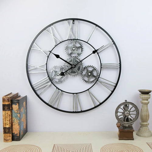 horloge murale rétro 3D luxe grand engrenage décorative artisanale - vue 6 sur 7