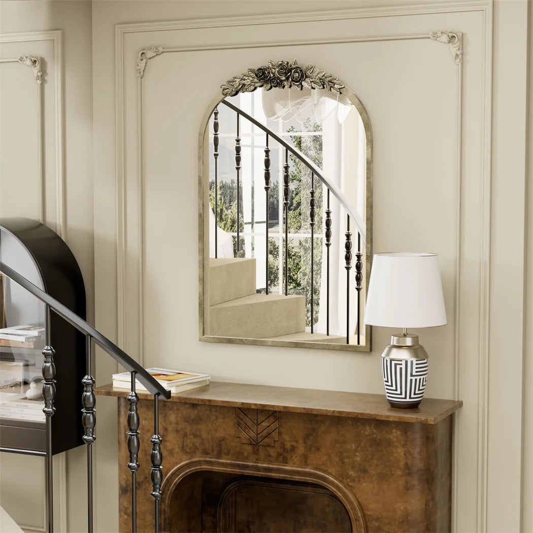 LUVODI Arched Antique Brass Wall Mirror Metal Frame Adorned with Resin Rose Pattern for Entryway,Fireplace,Living Room - vue 3 sur 7