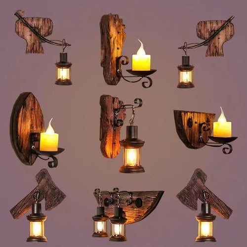 applique murale vintage en bois avec abat-jour en verre et métal - vue 2 sur 16