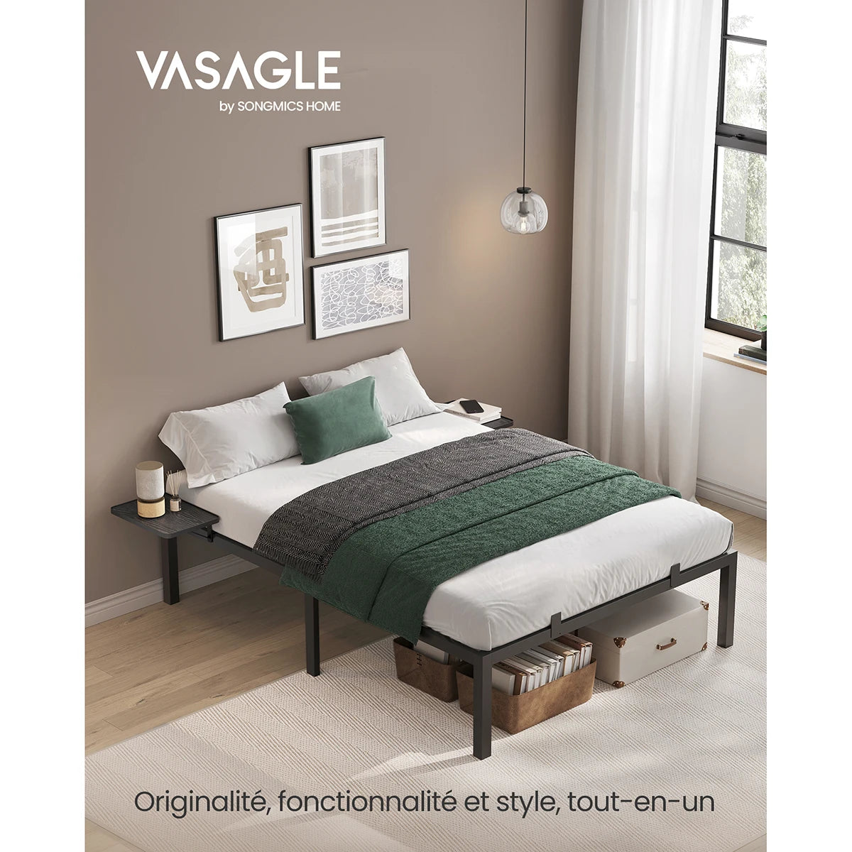 VASAGLE Double Bed Frame, Metal Bed Frame, with Bedside Shelves, Guest Bed Frame, for 190 x 140 cm Mattresses, Easy Assembly
