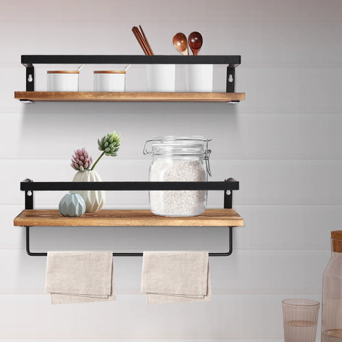 étagère murale en bois avec barre porte-serviettes à deux niveaux