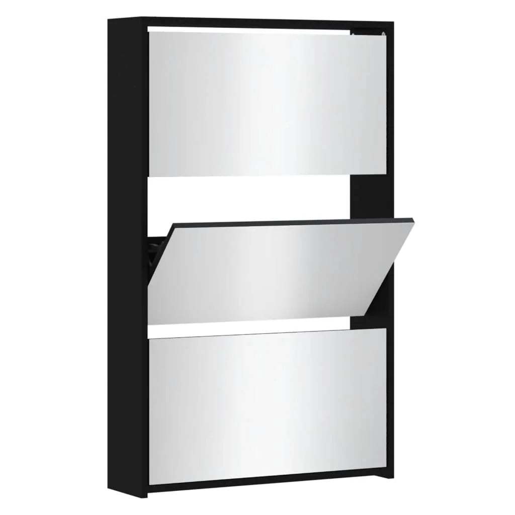 Shoe cabinet with mirror 3 levels black 63x17x102,5 cm