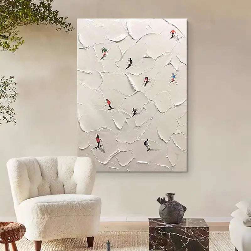 Custom Hand-painted Oil Painting Skiing, White Snow Scene, Living Room Decorative Painting Abstract Knife Painting Thick Texture