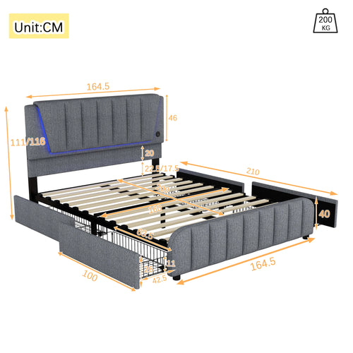 160x200cm, bed with slatted frame (without mattress), bed with four drawers, Adjustable headboard, Linen, Minimalist, Grey - vue 5 sur 6