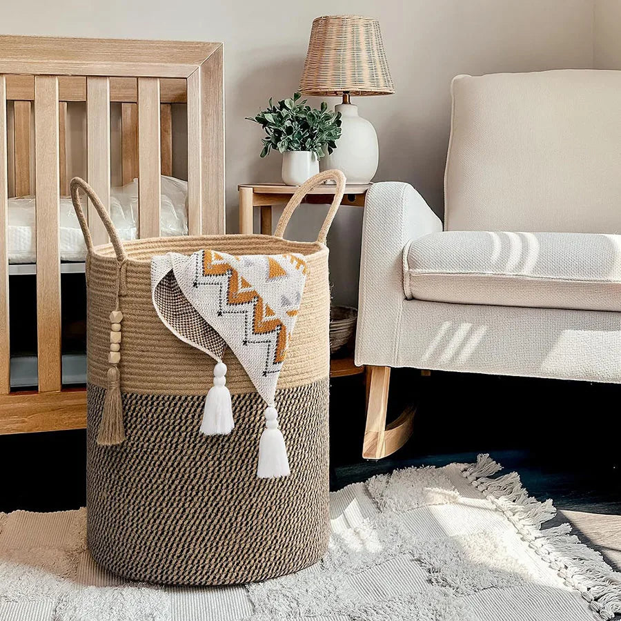 grand panier de rangement tissé avec poignées pliable pour jouets et linge - vue 5 sur 9