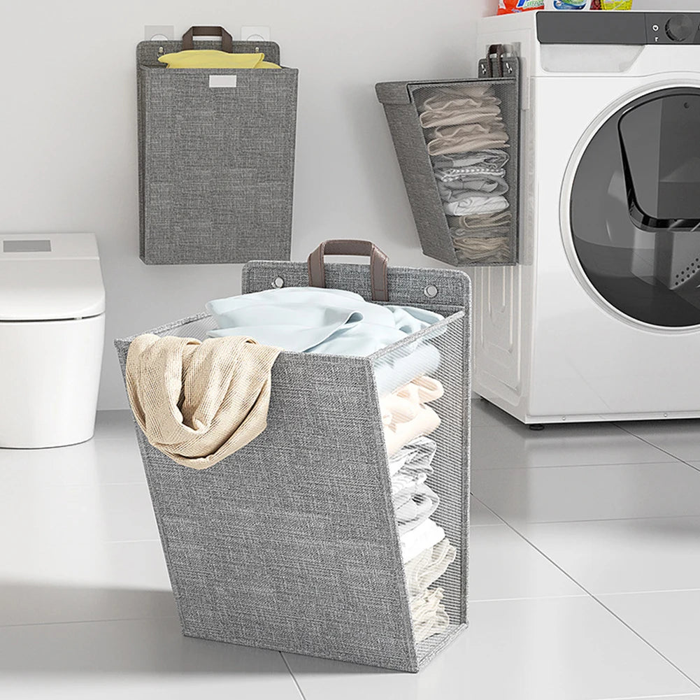 1pc Foldable Adhesive Laundry Basket Hamper, Multifunctional Punch Free Wall Hanging Washing Clothes Mesh Hook Organizer - vue 3 sur 7
