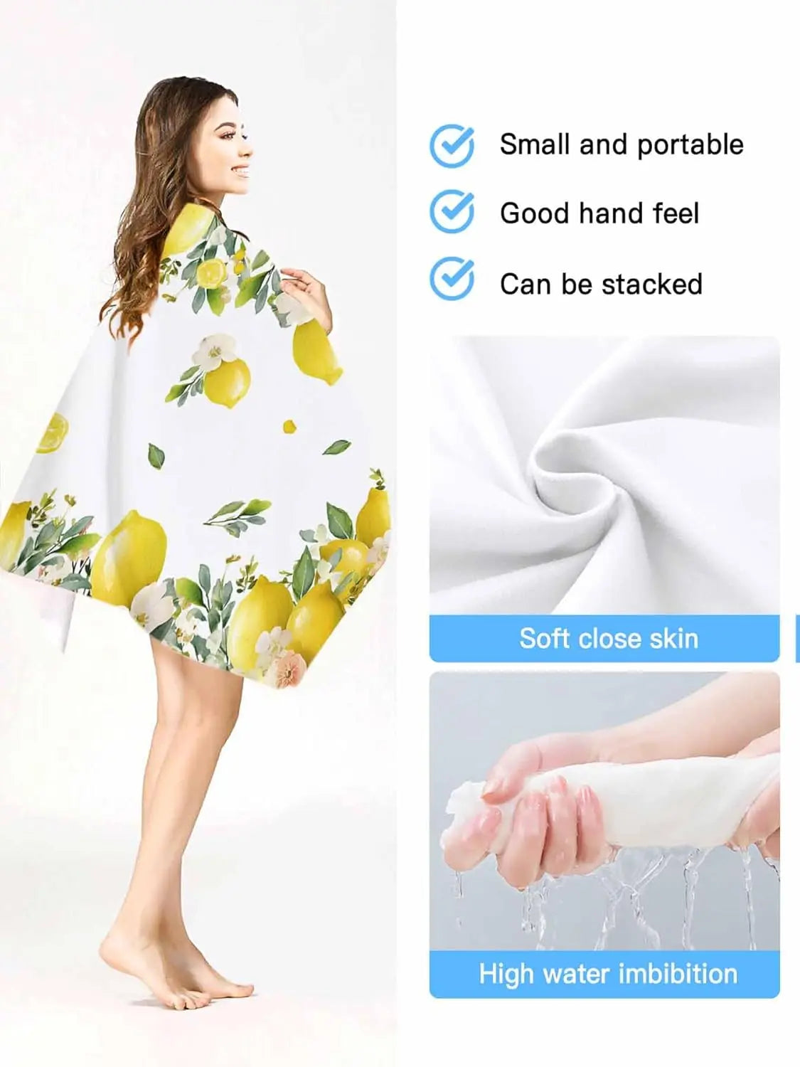 serviette de bain microfibre citron floral plage absorbante - vue 3 sur 6