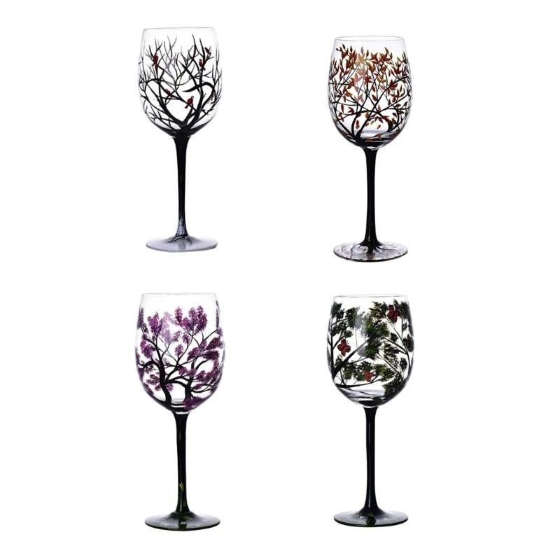 Verre a vin arbre quatre saisons peint main - vue 6 sur 7