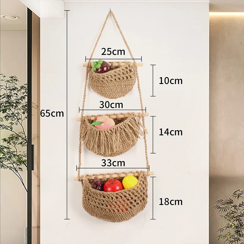 paniers suspendus en macramé lot de trois niveaux de rangement - vue 6 sur 9