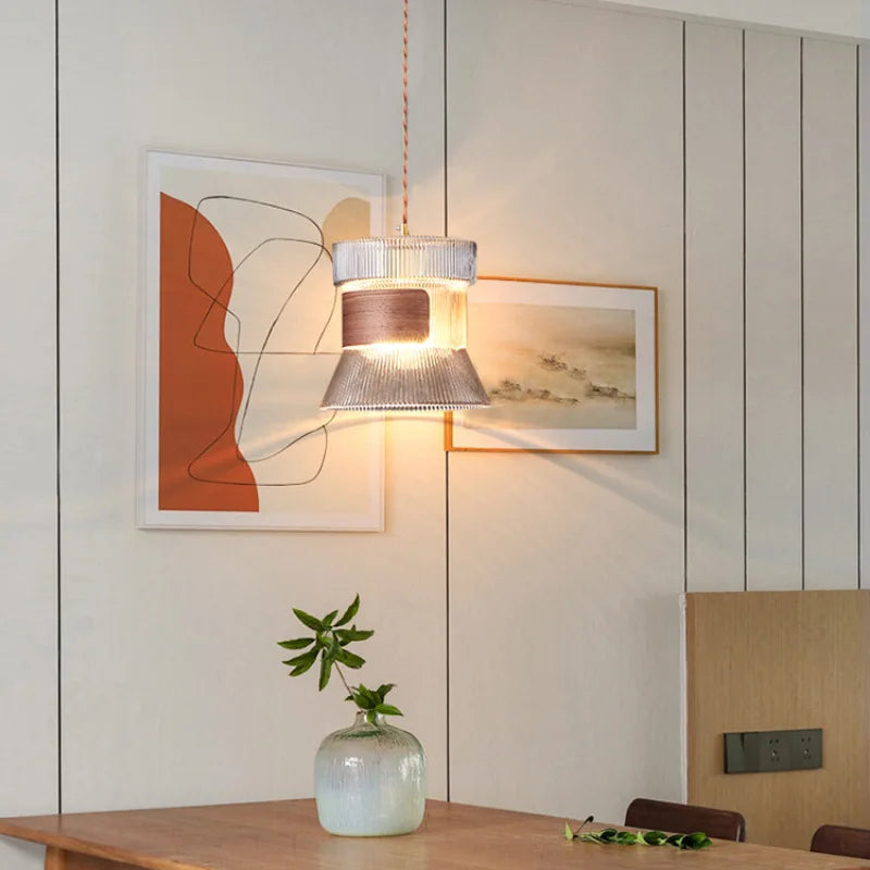 suspension moderne en verre avec détails en bois et cuivre - vue 4 sur 14