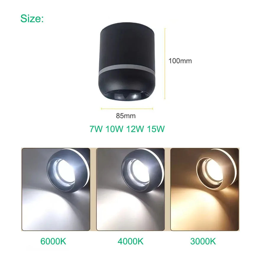 New dimmable LED Downlight ceiling light 7W 9W 12W 15W Nordic surface mounted COB spotlight, indoor background wall lighting - vue 5 sur 8