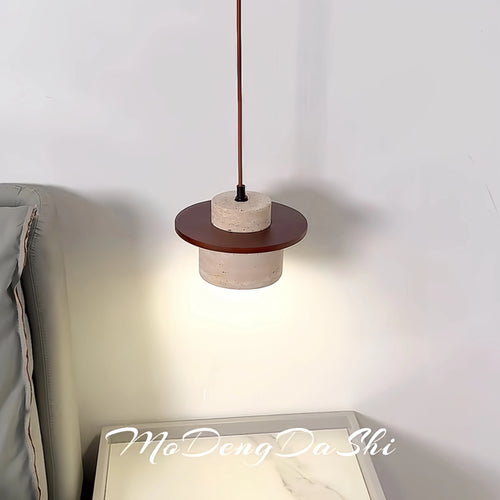 LED-Pendelleuchte im japanischen Minimalismus aus Nussbaum und Travertin - vue 4 sur 13