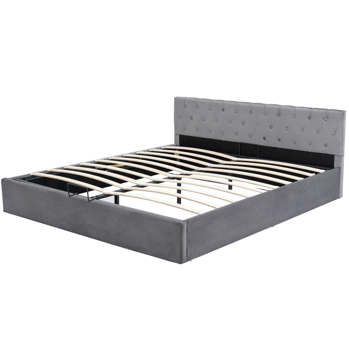 Upholstered Bed, Double Bed, Velvet Fabric, with Bed Box, Slatted Frame and Storage Space, Grey, 180 x 200 cm