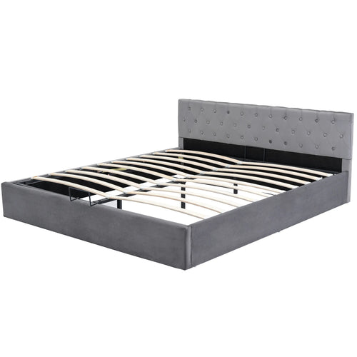 Upholstered Bed, Double Bed, Velvet Fabric, with Bed Box, Slatted Frame and Storage Space, Grey, 180 x 200 cm