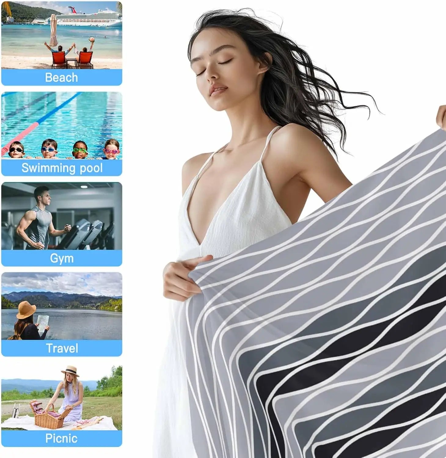 Serviette de plage motif vagues abstraites légère absorbante - vue 3 sur 6