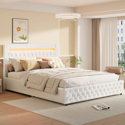 Upholstered Bed, Double Bed, PU Bedside Lamp, Hydraulic Functional Storage Bed, Headboard and Slatted Base, Padded Backrest - vue 2 sur 9
