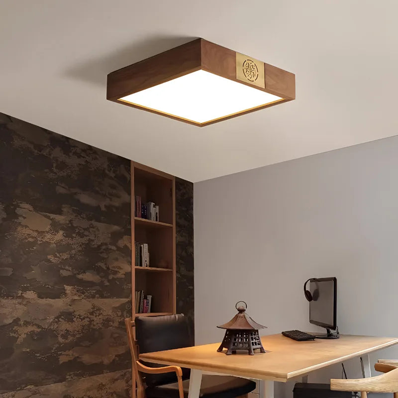 Walnut Wood Square Zen, Wabi-sabi Modern Vintage style, Ceiling light for Living Room, Bedroom, dining Room, Study Room - vue 4 sur 8