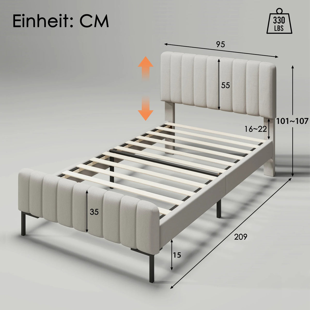 Headboard height is adjustable, 55cm high and thickened headboard Double bed with upholstered bed frame without mattress - vue 8 sur 8