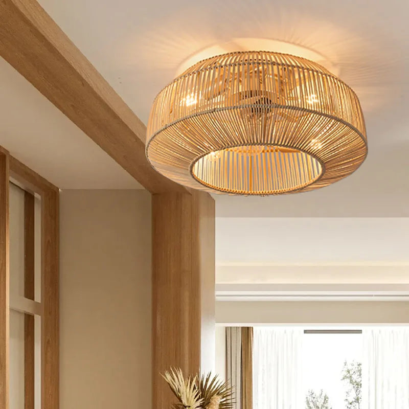 Ventilateur de plafond avec lumière rétro fait à la main en rotin de bambou ventilateur invisible lumières moderne simple Wabi-Sabi lampe de ventilateur de plafond d'îlot de cuisine - vue 4 sur 7