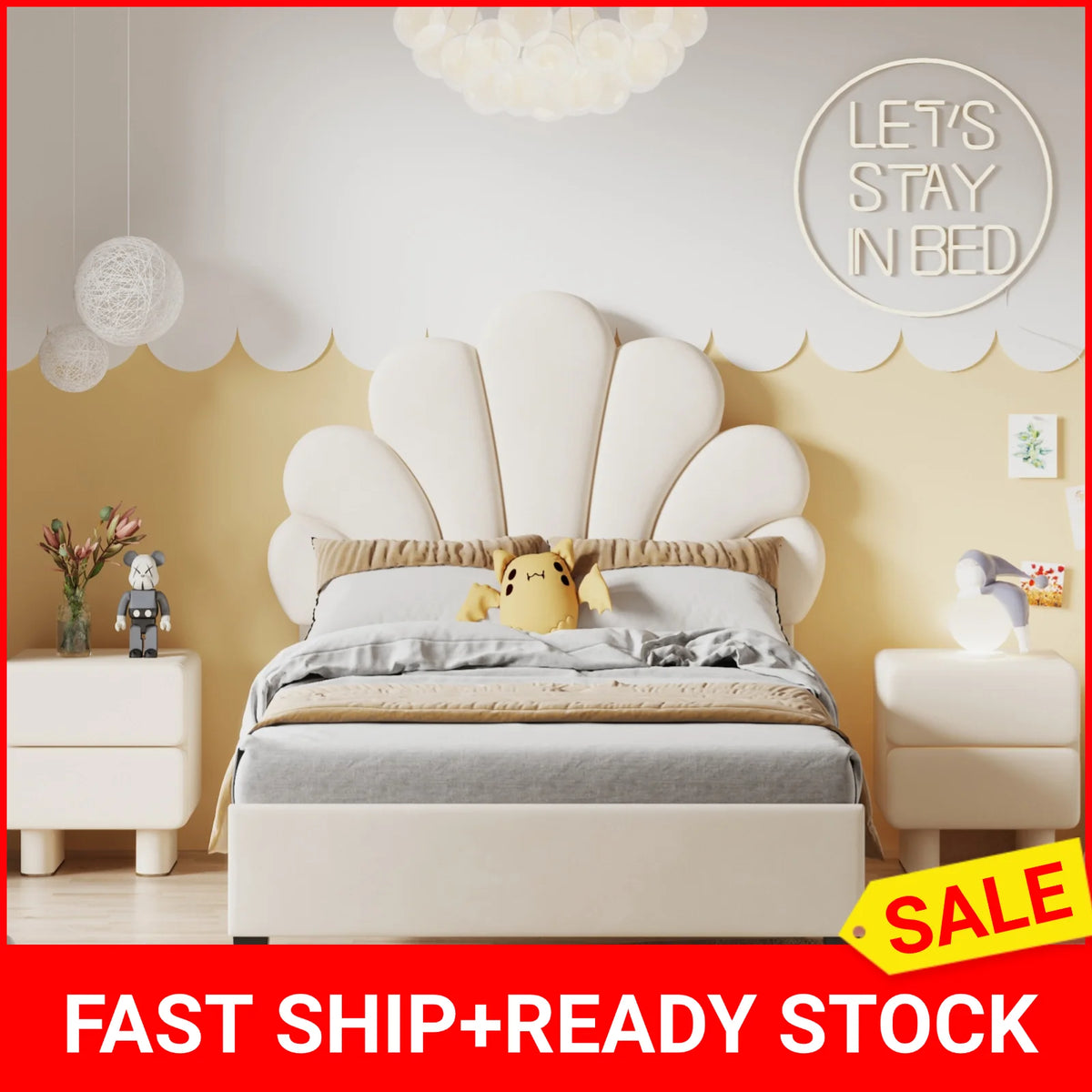 Youth Bed, Upholstered Bed, Skin-friendly Velvet Fabric, With Solid Flower-shaped Headboard and Slatted Frame, 90 x 200 cm