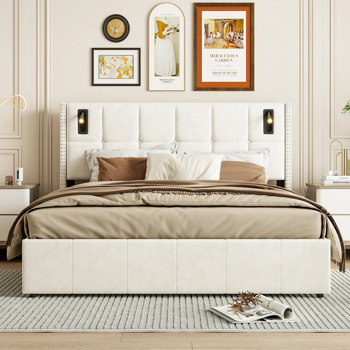 Single and Double Bed with Slatted Frame, Hydraulic Upholstered Storage Bed, Headboard with 2 Reading Light and USB Port, Velvet - vue 5 sur 8