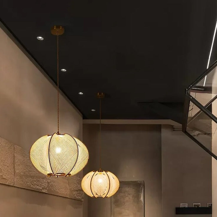 Lustre bois chanvre wabi-sabi suspendu - vue 7 sur 9