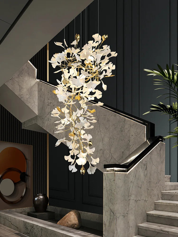 Ginkgo feuille cage d'escalier long lustre lumière atmosphérique villa de luxe duplex bâtiment loft hall d'hôtel lampes d'art créatives - vue 3 sur 20