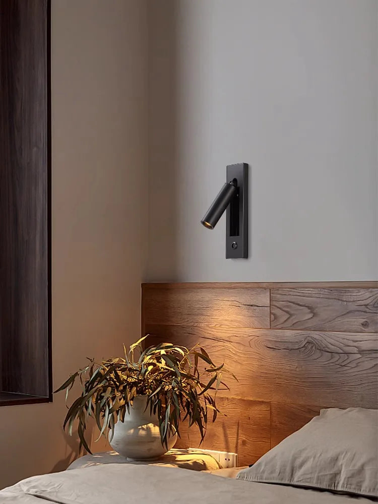 Black Brass Rectangular LED Wall Lamp Wall Sconce Wall Spotlight Reading Light with Switch and USB Port, Rotatable For Bedroom