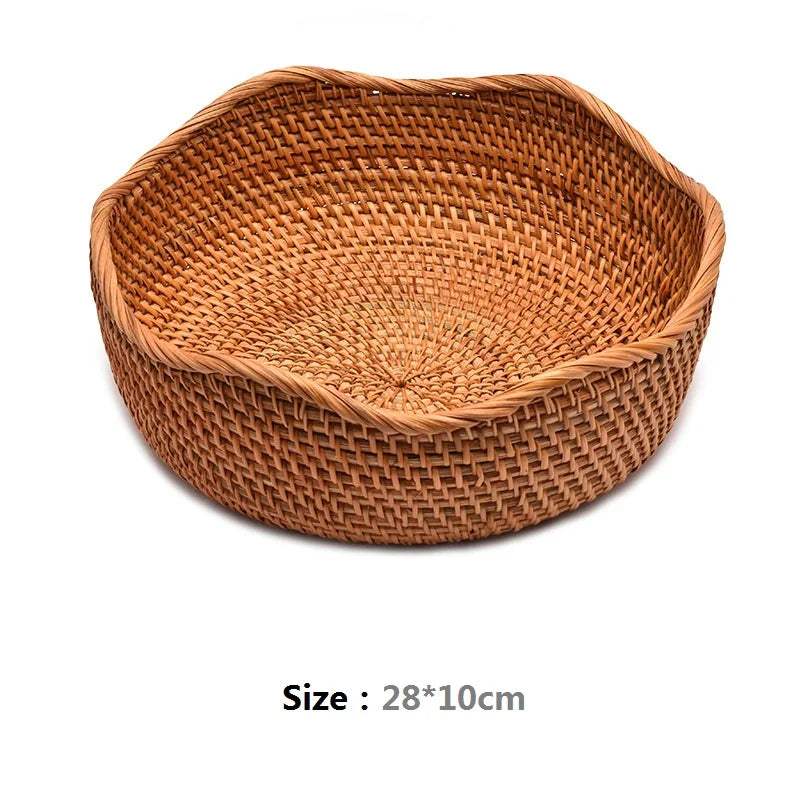 HeMu-Round Rattan Woven Basket, Wicker Fruit Basket, Bread Food, Kitchen Home Decor, Organizer Breadbasket for Kitchen - vue 12 sur 13