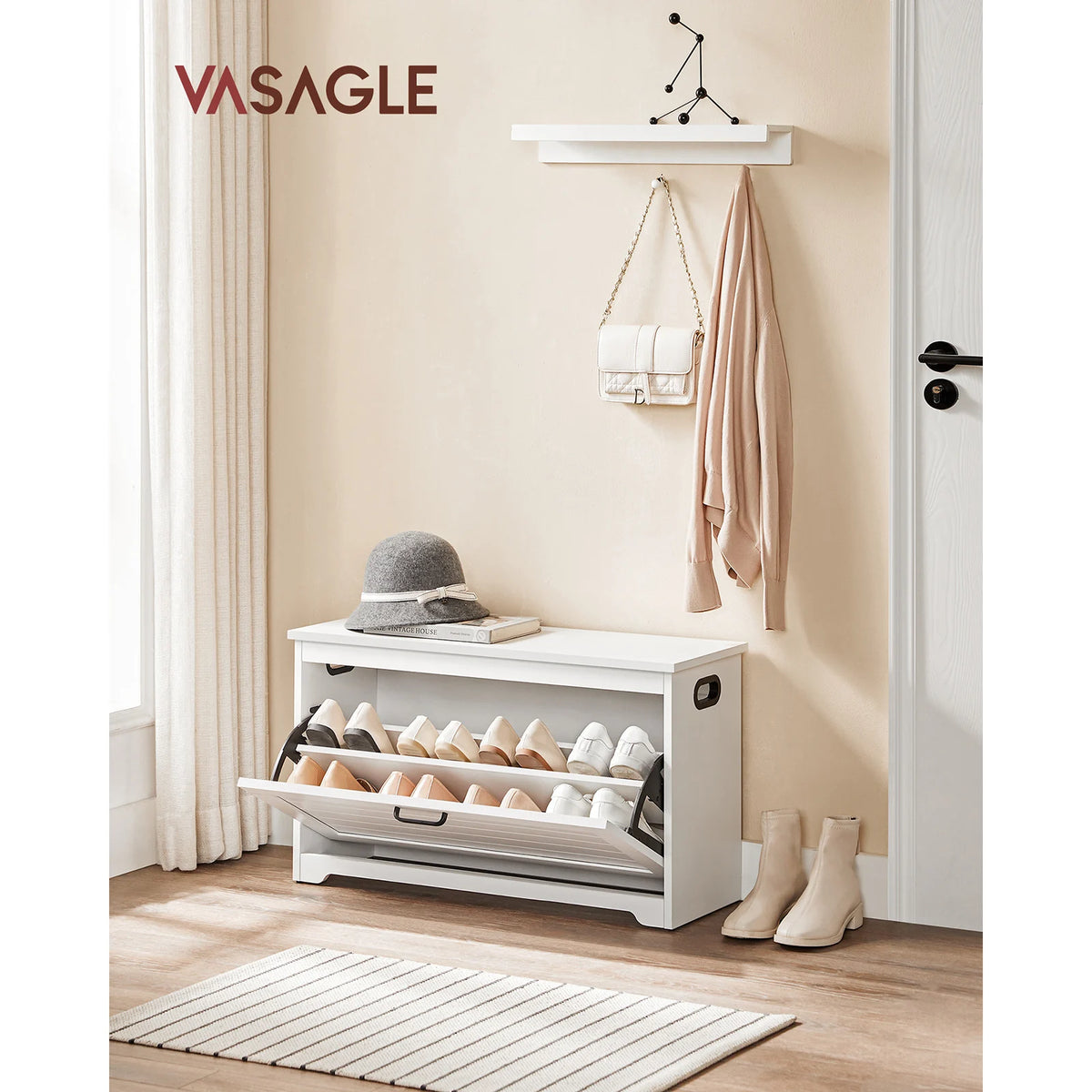 VASAGLE Shoe Bench, Entrance Shoe Box with Folding Door, Adjustable Interior Divider, with Cut-out Side Handles, 80 x 30 x 46 cm