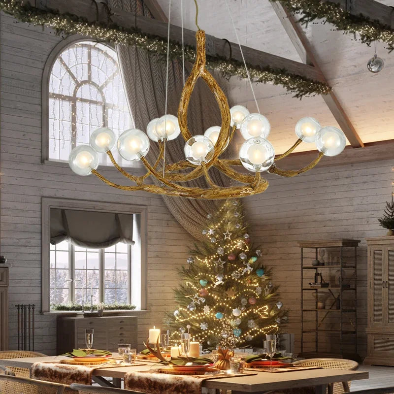Nordique rétro branche d'arbre boule de verre LED lustre pour salon salle à manger cuisine tables alimentaires décor à la maison luminaire suspendu - vue 4 sur 9