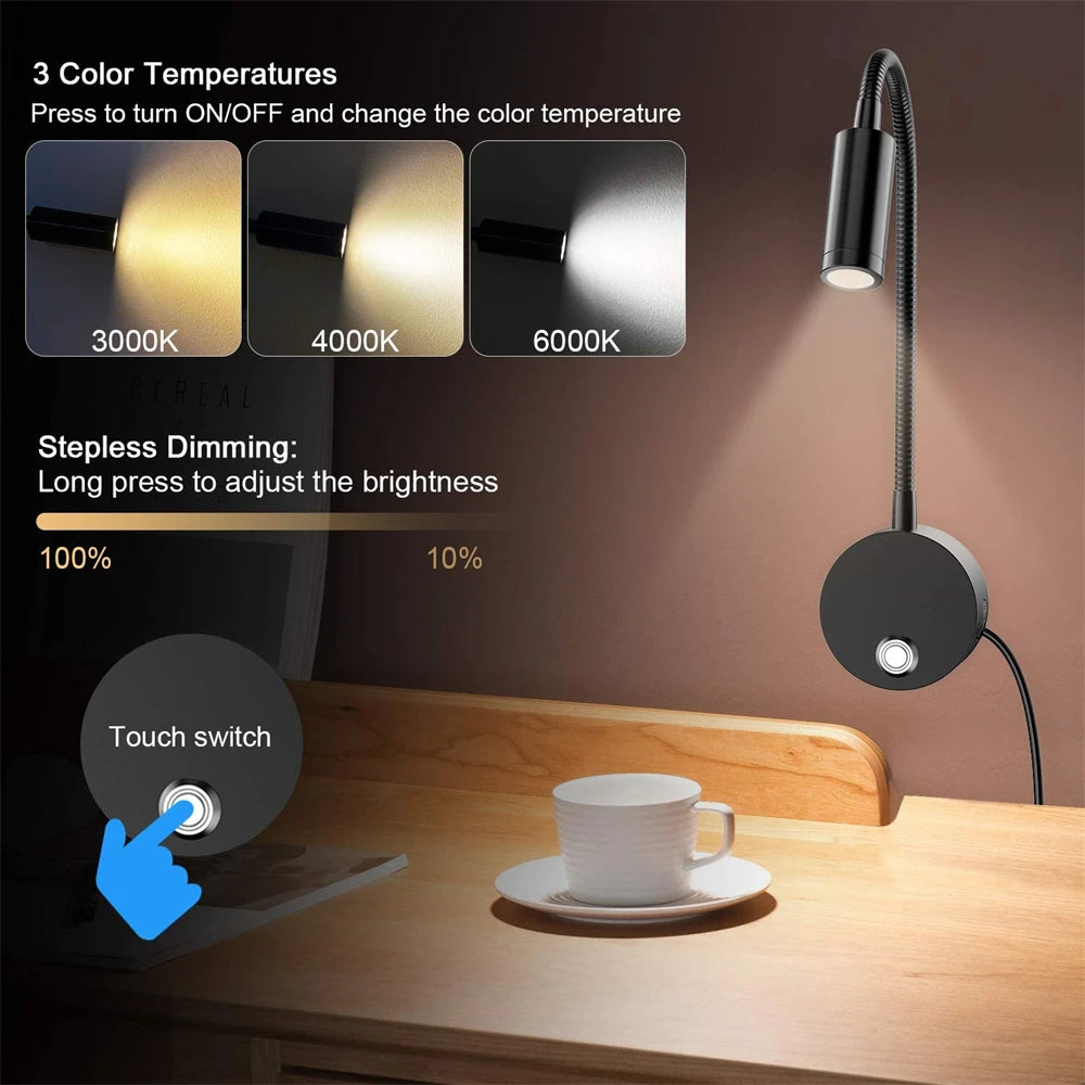 Topoch lampe de lecture LED murale 15 "col de cygne avec Port USB prise tête de lit lampe de nuit 3 couleurs tactile marche/arrêt/gradation - vue 5 sur 12