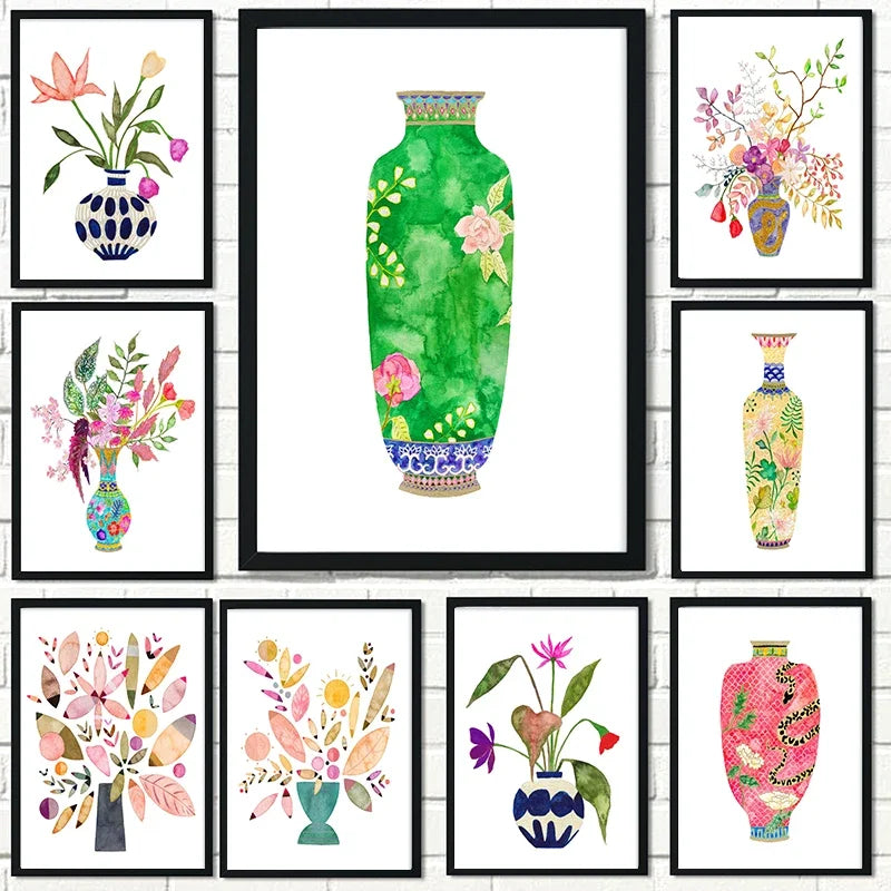 vase à fleurs aquarelle art mural nordique pour décoration intérieure - vue 3 sur 7