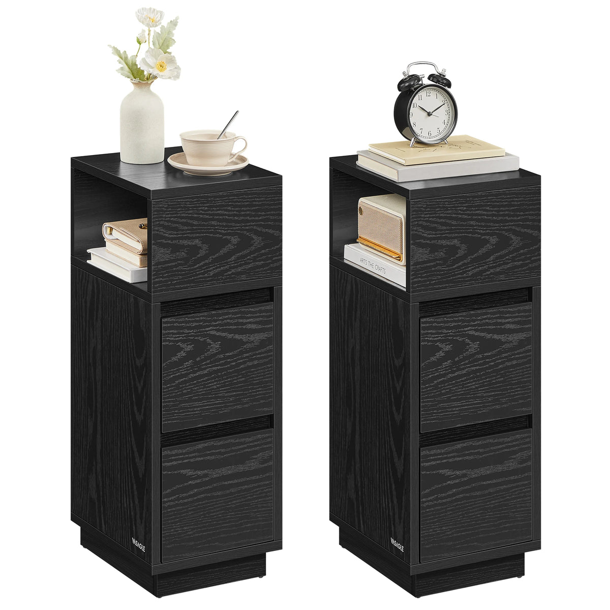 VASAGLE Slim Bedside Tables, Set of 2, Small Narrow Side End Tables with 2 Drawers, 1 Open Compartment Mounted to Face Left